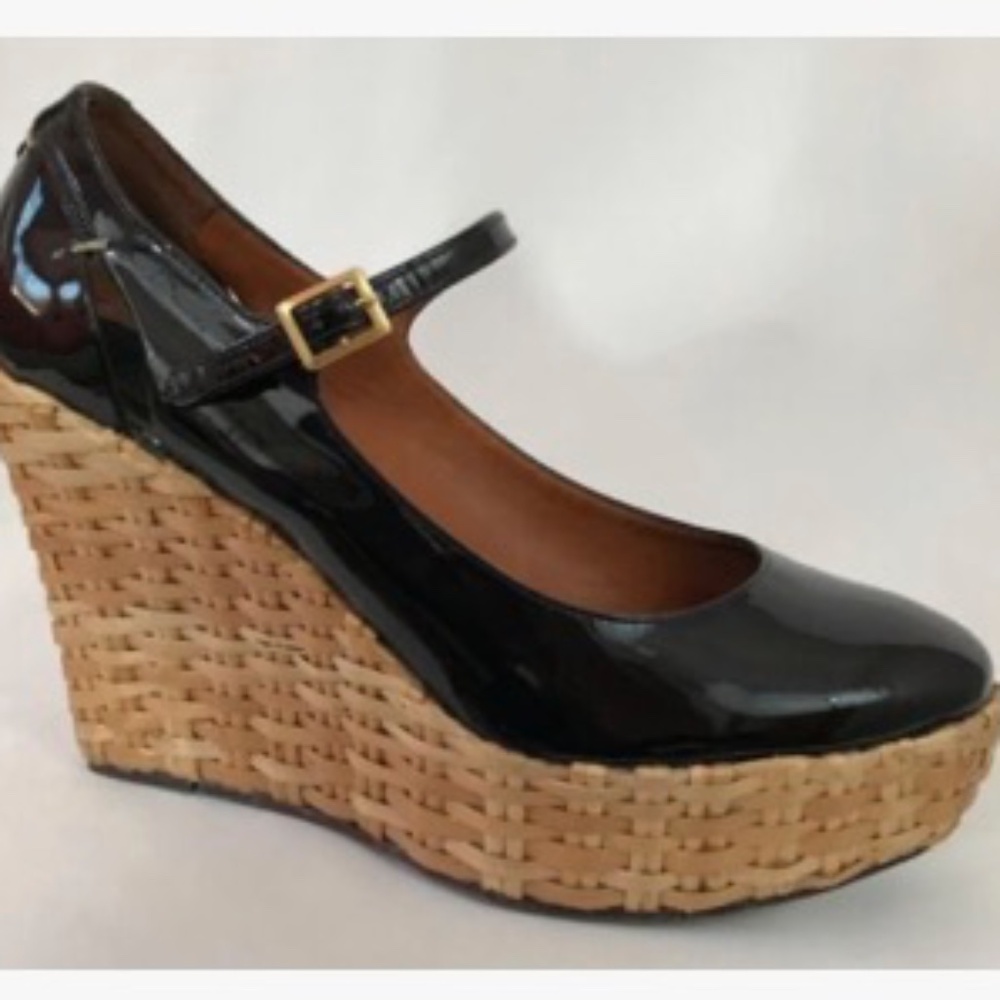 BCBG Max Azria Womens 7 Black Patent Leather Mary Jane Platform Wedge Heels 37.5